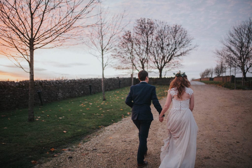 pink sunset at Cripps Stone Barn winter wedding in the Cotswolds 