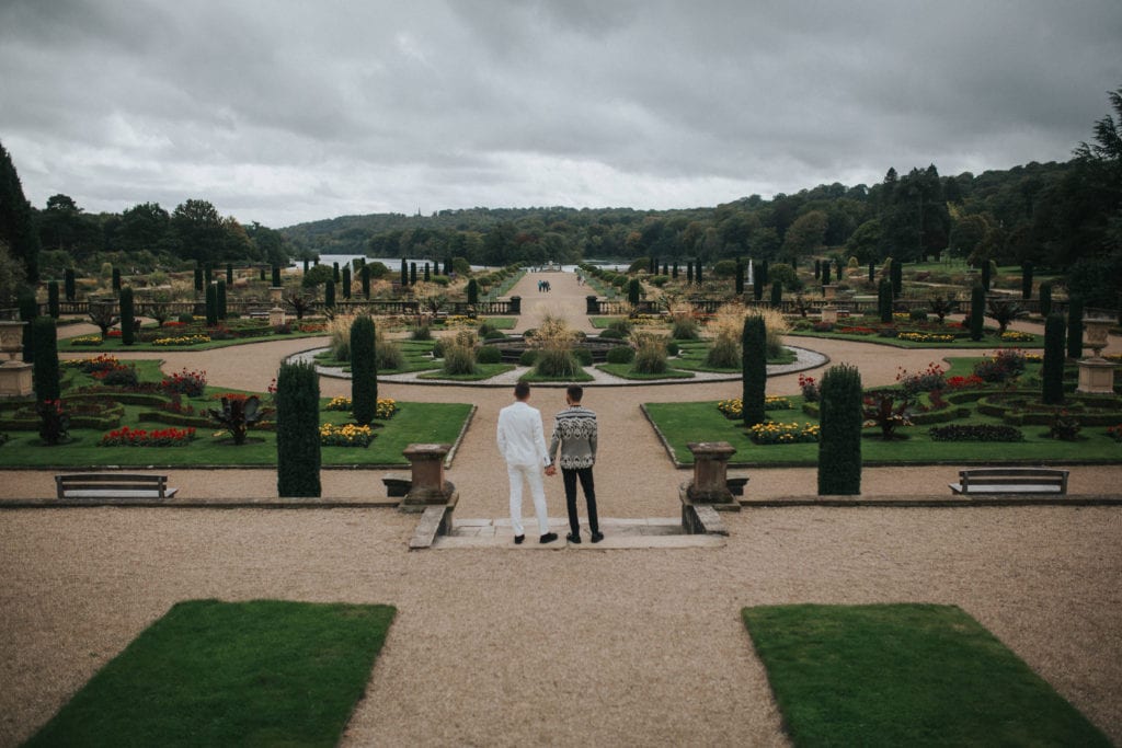grooms with alternative wedding suits at Trentham Gardens 