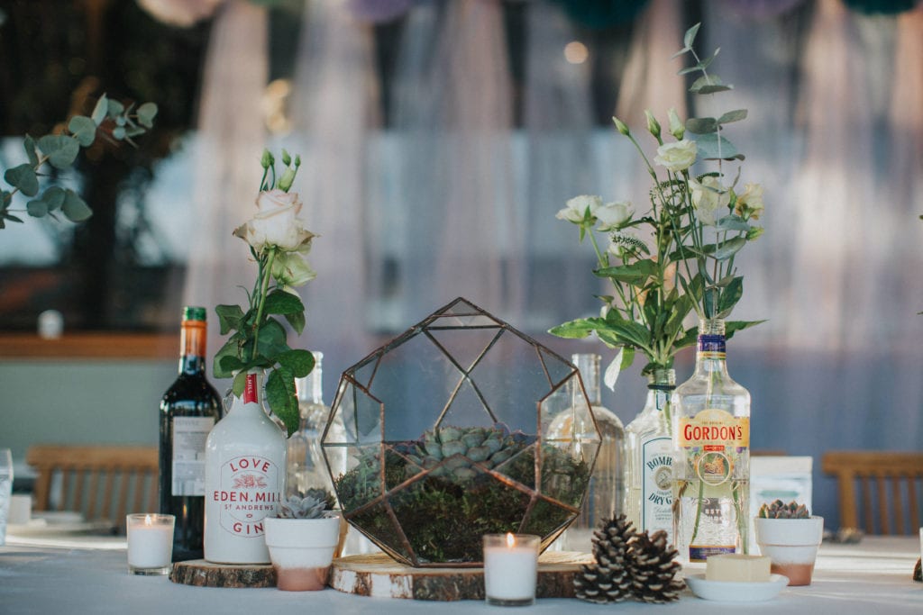 succulent and Gin wedding decor in the Cotswolds