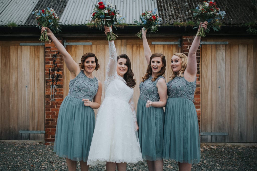 bridesmaids with vintage style at Warwickshire wedding barn 